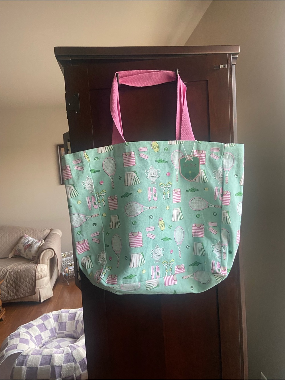 Pink-Handled Mint Tennis Print Tote Bag